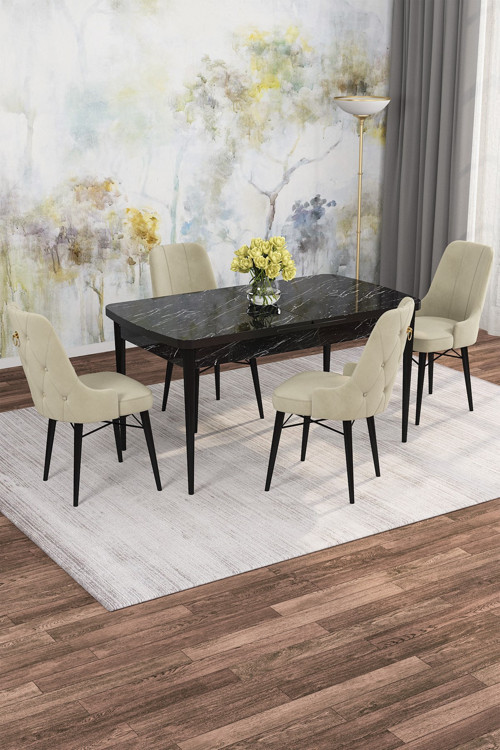 Arven Serisi 80x132 Açılabilir MDF Siyah Mermer Desen Mutfak Masa Takımı 4 Sandalye