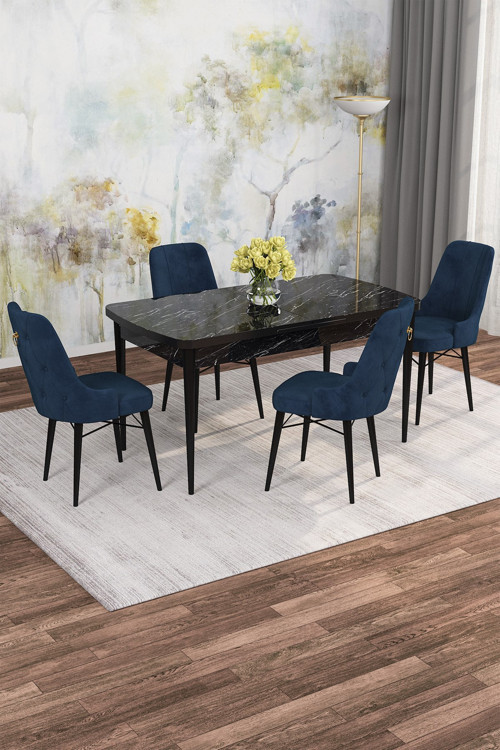 Arven Serisi 80x132 Açılabilir MDF Siyah Mermer Desen Mutfak Masa Takımı 4 Sandalye