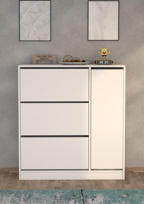 Milano 3 Kapaklı Kayar Raflı Dolaplı Ayakkabılık Beyaz