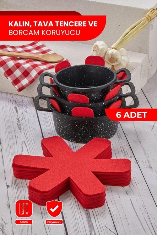 Kırmızı Kalın Tava,Tencere Ve Borcam Koruyucu 6 Lı Set Elyaf Keçe