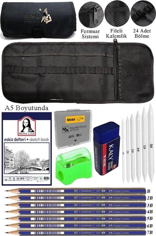 A5 Telli Eskiz Defteri Monalisa Spiralli Karakalem Rulo Kalemlik Siyah 24 Bölmeli Dereceli Kalem Gölgeleme Dağıtma Silgi
