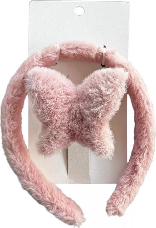 Pembe Renk Kelebekli Peluş Mandal Toka Ve Taç Set
