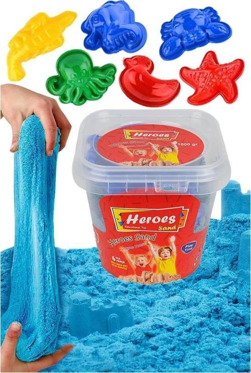 Mavi Kinetik Kum 500 gr ve Oyun Kalıbı 6 lı 1 Paket Kurumaz Kinetik Oyun Kumu Doğal Kinetik Kum