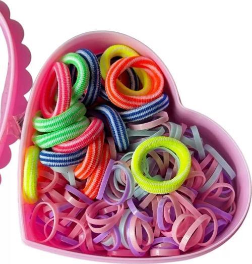 Pembe Renk Kalp Figürlü Kutu Lastik Toka Set
