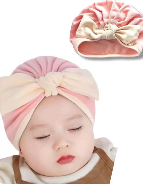 Açık Pembe Ve Krem Renk Kurdeleli Bebek Saç Bonesi