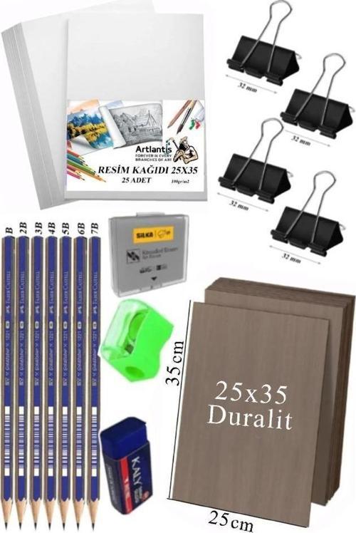 Karakalem Eskiz Çizim Seti Duralit Seti 25X35 cm 1 Paket Resim Kağıdı Faber Dereceli Kalem Seti Hamur Silgi Sınav Silgis