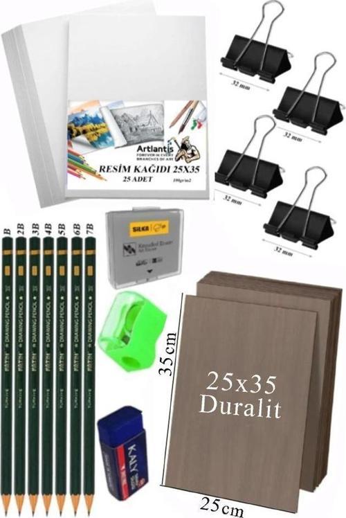 Karakalem Eskiz Çizim Seti Duralit Seti 25x35 cm 1 Paket Resim Kağıdı Dereceli Kalem Seti Hamur Silgi Sınav Silgisi