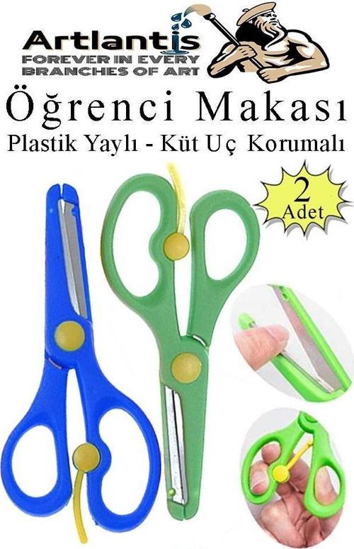 Mavi Yeşil Öğrenci Makası 2 Adet Plastik Yaylı Küt Uç Korumalı Okul Makası Çocuk Makası Okul Öncesi Kreş Ana Sınıfı