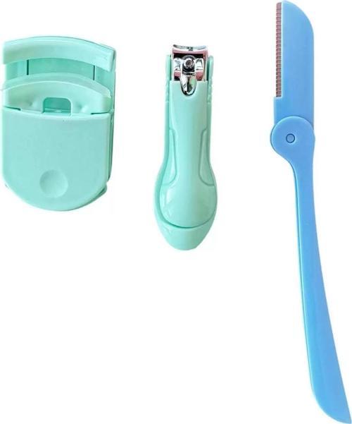 Yeşil Ve Mavi Renk 3'lü Tırnak Makası/ Kaş Usturası/ Kirpik Kıvırıcı Set