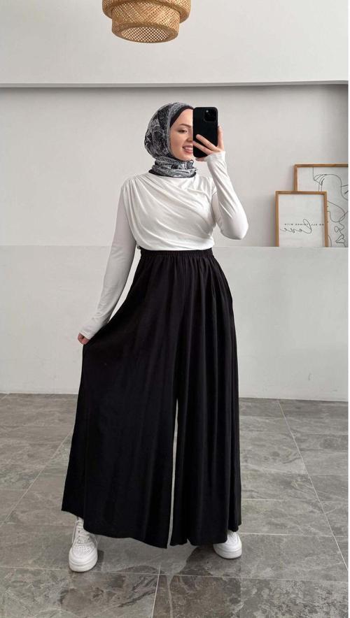 Beli Lastikli Geniş Paça Modal Etekli Pantolon - Siyah