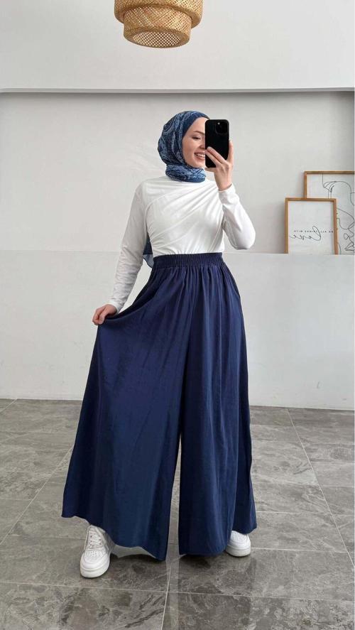 Beli Lastikli Geniş Paça Modal Etekli Pantolon - Lacivert