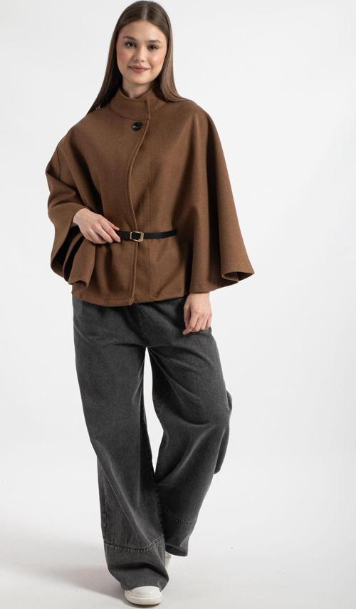 Kadın Kemerli Kaşe Pelerin Panço