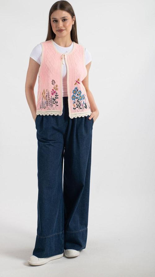 Hatunatila Desenli Süzine Örgü Triko Yelek Açık Pembe