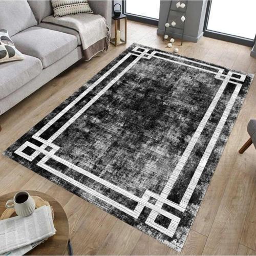 Modern Siyah Beyaz Köşe Detaylı Leke Tutmaz Kaydırmaz Taban Halı Tay Tüyü Hissi Dokulu