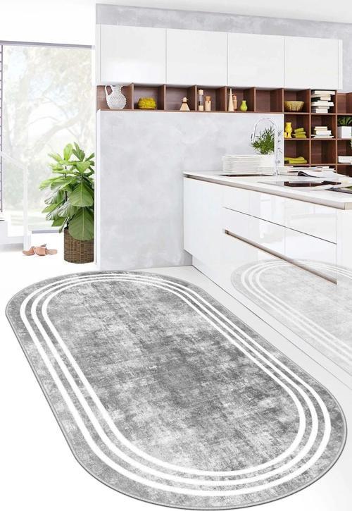 Oval Gri Banyo Mutfak Yolluk Tay Tüyü Hisli Halı