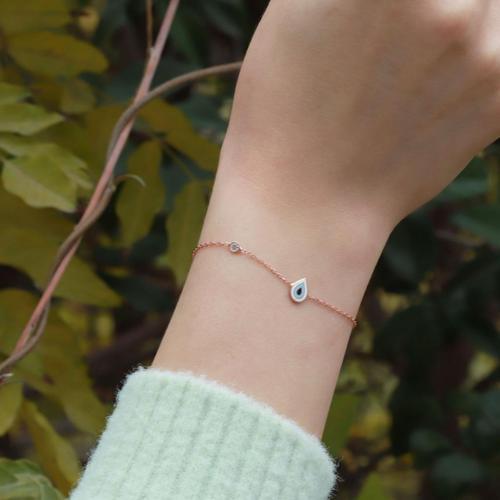 Damla Figürlü Zirkon Taşlı Mine İşli Rose Gold Kaplama Gümüş Bileklik