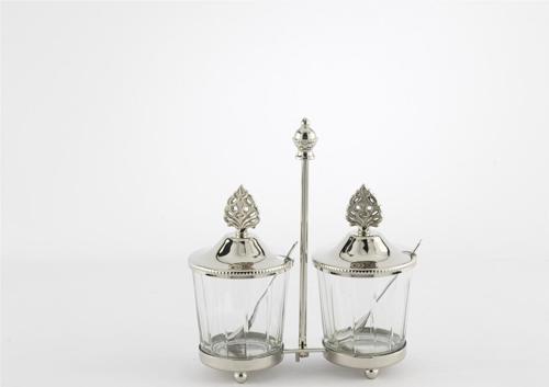 Gümüş Standlı Kapaklı 2li Cam Baharatlık 17x7x19cm