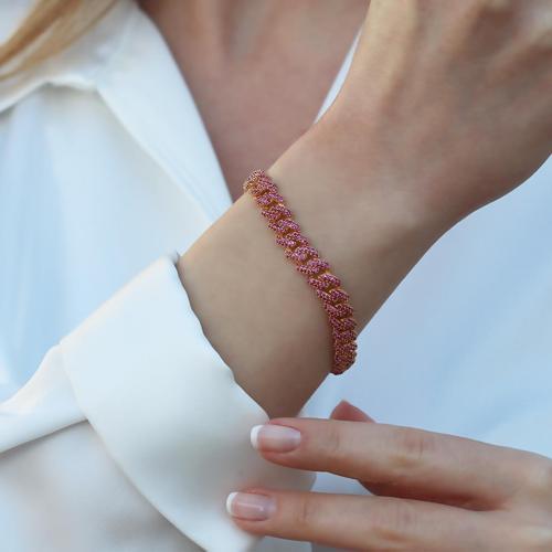 Pembe Zirkon Taş Gold Kaplama Gümüş Gurmet Bileklik