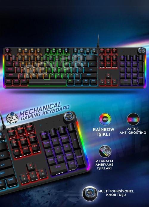 Hunter Blue Switch Mekanik Gaming Oyuncu Klavyesi Rainbow 15 Farklı Mod Led Işıklı Klavye
