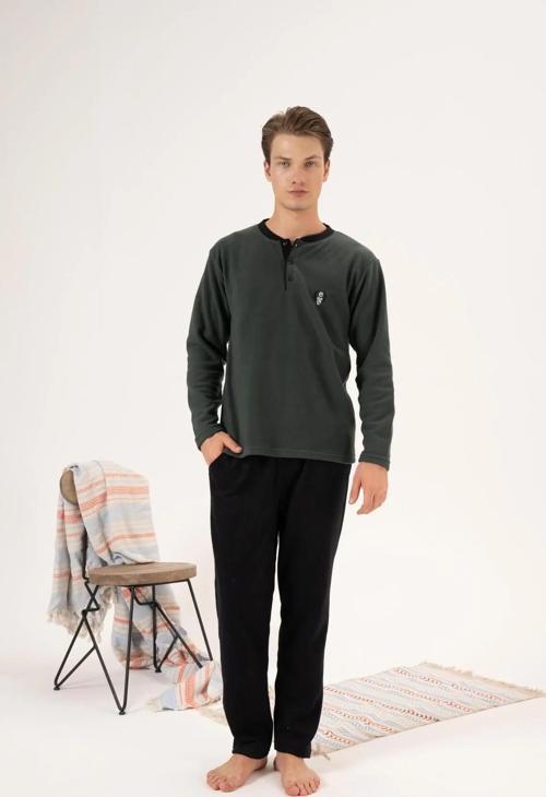 24421 Erkek Kışlık Polar Düğmeli Yaka Pijama Takımı