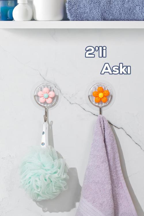 084 2 Adet Tekli Papatya Desenli Dekoratif Yapışkanlı Banyo Mutfak Elbise Askılığı Havlu Askılığı