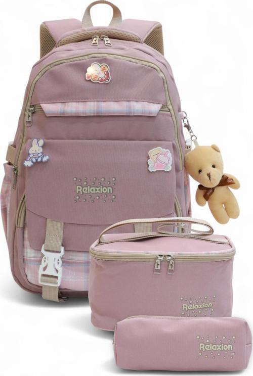 Relaxion 2144-1396 Kore Tarzı Unisex Çocuk Üçlü Set İlkokul Sırt Çantası - NKT02144-Gülkurusu-TEKEBAT