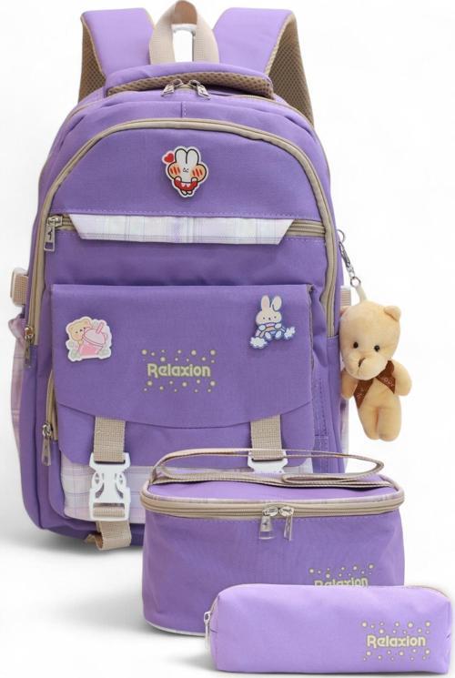 Relaxion 2144-1396 Kore Tarzı Unisex Çocuk Üçlü Set İlkokul Sırt Çantası - NKT02144-lila-TEKEBAT