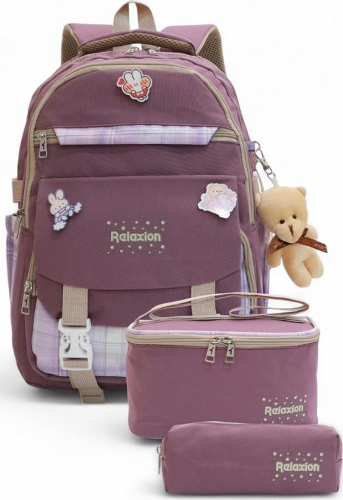 Relaxion 2144-1396 Kore Tarzı Unisex Çocuk Üçlü Set İlkokul Sırt Çantası - NKT02144-MOR-TEKEBAT