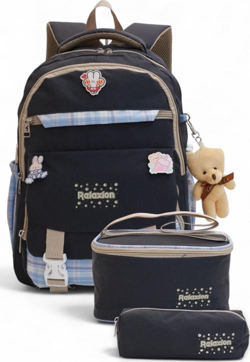 Relaxion 2144-1396 Kore Tarzı Unisex Çocuk Üçlü Set İlkokul Sırt Çantası - NKT02144-siyah-mor-TEKEBAT