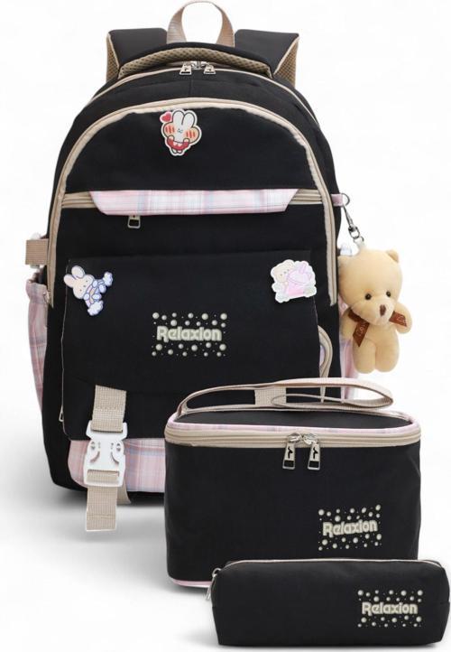 Relaxion 2144-1396 Kore Tarzı Unisex Çocuk Üçlü Set İlkokul Sırt Çantası - NKT02144-siyah-pembe-TEKEBAT