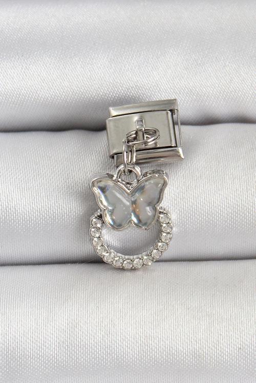 316L Çelik Gümüş Renk Taşlı Kelebek Model Nomination Charm