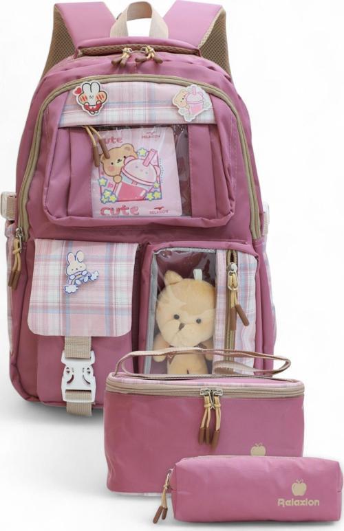 Relaxion 2203-1395 Kore Tarzı Unisex Çocuk Üçlü Set İlkokul Sırt Çantası - NKT02203-Gülkurusu-TEKEBAT