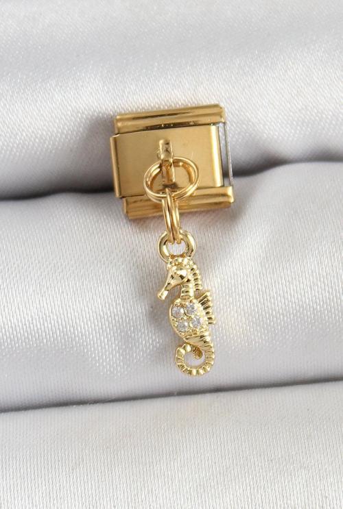 316L Çelik Sallantılı Zirkon Taşlı Çiçek Model Gold Renk Nomination Charm