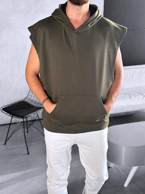 Haki Kapüşonlu Sıfır Kol Hoodie
