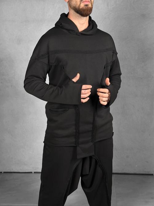Kapüşonlu Cepli Siyah Sweatshirt