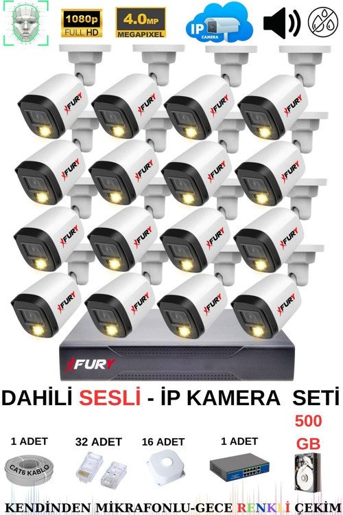 Ip Güvenlik Kamera Seti 16 Kameralı Sesli 4mp Gece Renkli Su Geçirmez Ip5515s 500gb