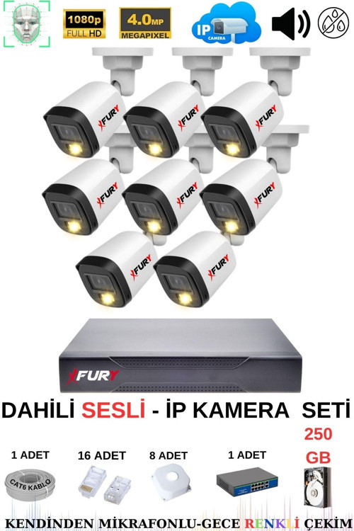 Ip Güvenlik Kamera Seti 8 Kameralı Sesli 4mp Gece Renkli Su Geçirmez Ip5515s 250gb