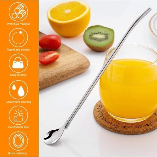 Tomurcukhome 6'Lı Paslanmaz Krom Pipetli Latte Kaşığı Kokteyl Kaşığı Ve Temizleme Fırçası, 22 Cm Yuvarlak Model