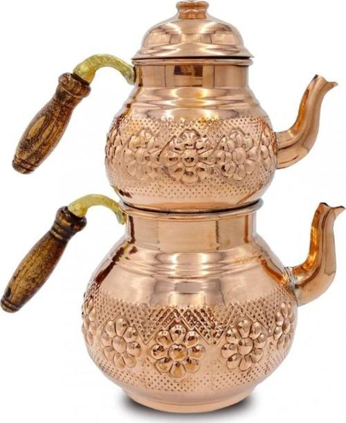 Tomurcukhome Bakır Çaydanlık Takımı Büyük Ahşap Saplı