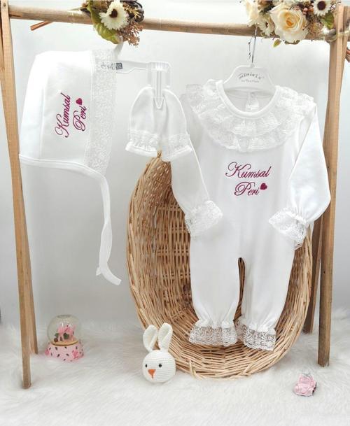 Yeni Doğan Dantelli 3'lü Hastane Çıkış Tulum Seti