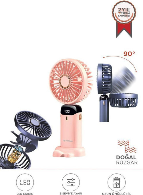 F-19 Pembe Dijital Ekranlı Şarjlı 90 Derece Ayarlanabilir Başlıklı Mini Masa Fan Vantilatör