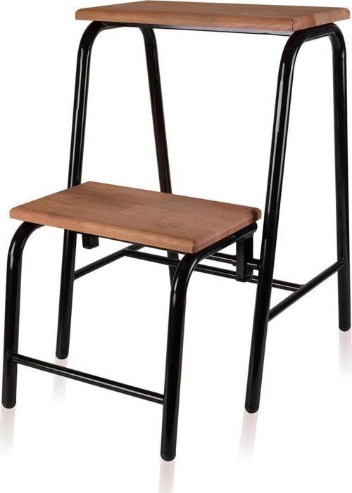 ahşap metal 2 basamaklı pratik tabureli merdiven siyah