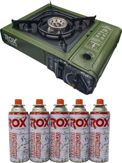 153ROX0188 Tekli Portatif Kamp Ocak - Haki Yeşil, Rüzgarlıklı, Ekstra Gaz Girişli, 5 adet gaz