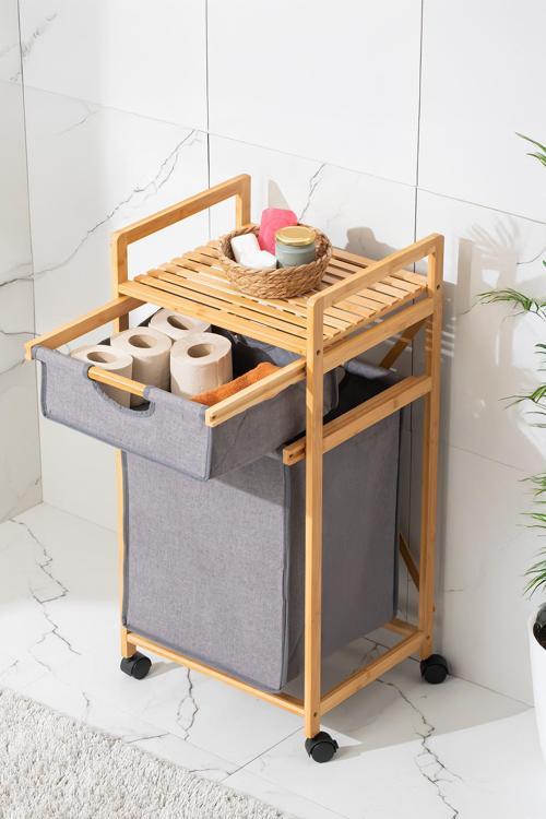 2064 Tekerlekli Ahşap Bambu Kirli Sepetli 2 Raflı Çok Amaçlı Banyo Düzenleyici Organizer Banyo Dolabı Kirli Çamaşır Sepeti Organizeri
