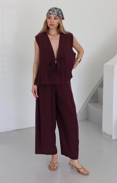 Bordo Samantha Bağlamalı Yelek Pantolon Takım - 51155