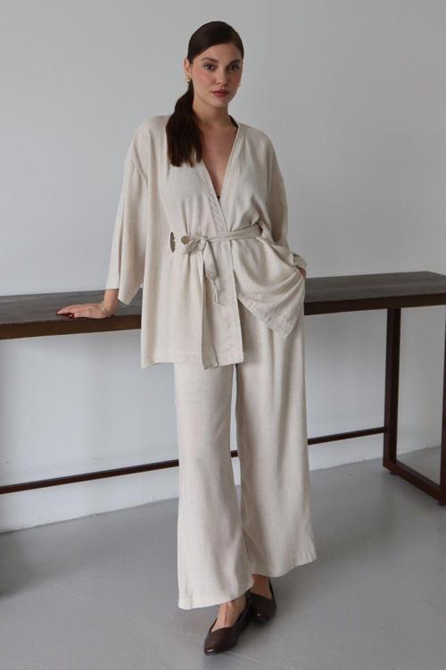 Natural Gizli Kemer Detaylı Kimono Takım - 8723