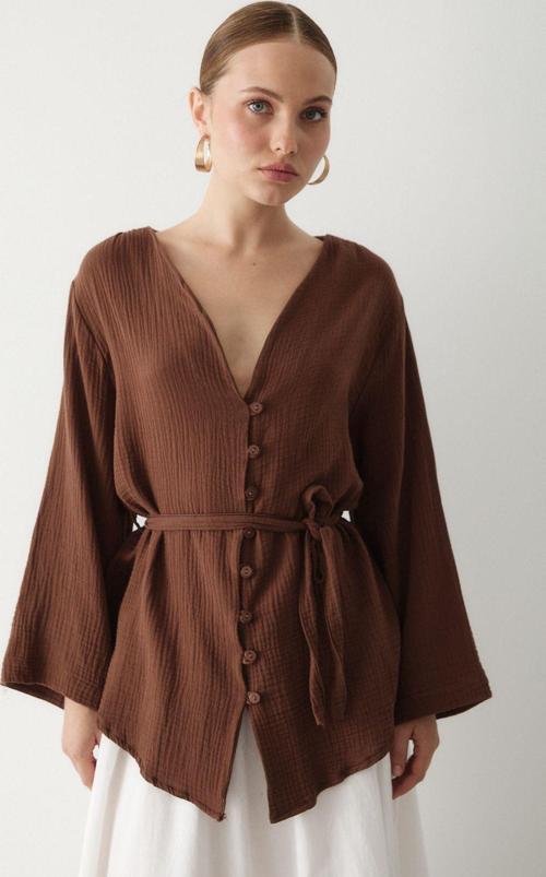 Kahverengi Çok Düğmeli Kimono