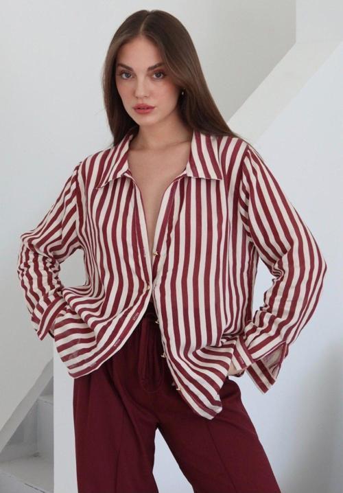 Bordo Çizgili Gold Düğmeli Gömlek - 4966