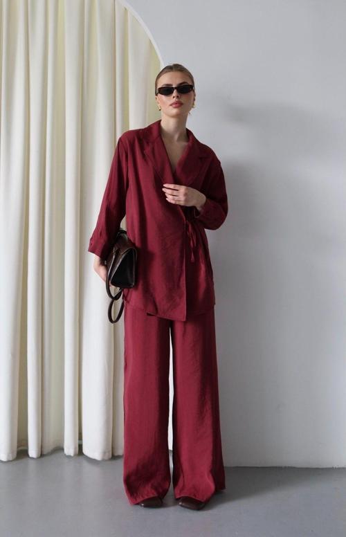 Bordo Yaka Detaylı Bağlamalı Kimono Takım - 8459