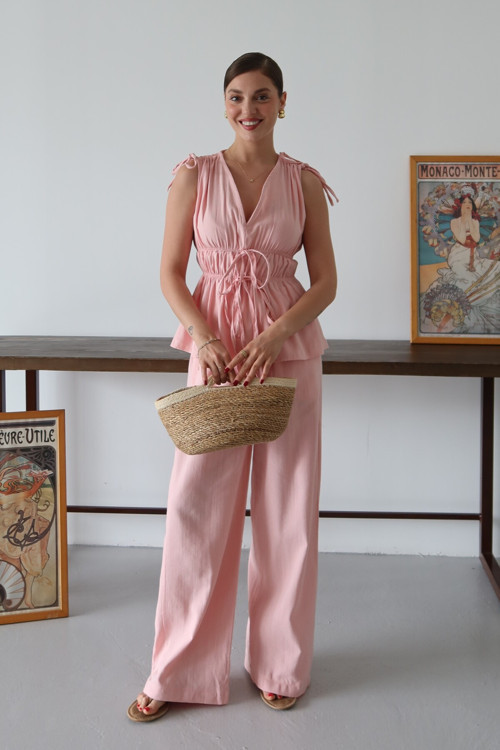 Pembe %100 Pamuk Omuz Bel Büzgülü Bluz Pantolon Takım - 8612